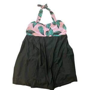 Pink Palm Leaf Halter Swim Dress One Piece Boy Short Bottom Black Skirt Swimsuit